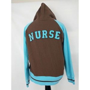 White Cross Womens Size L Nurse's Jacket with hood Brown and Blue Embroidered